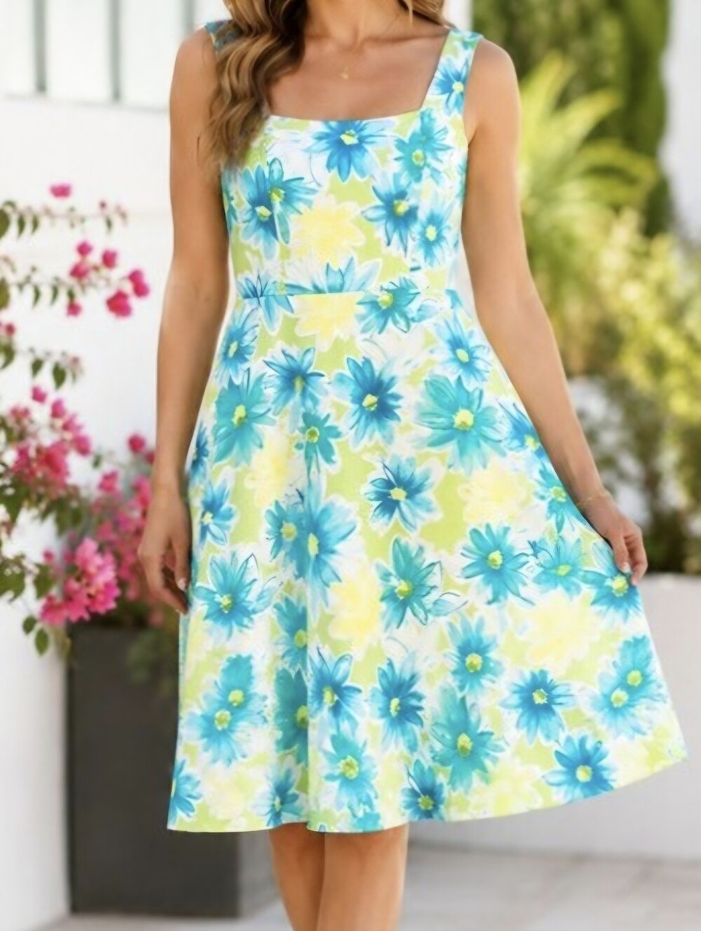 Jessica Petite Floral Fit & Flare Dress NWT Blue Green Yellow Spring 14P